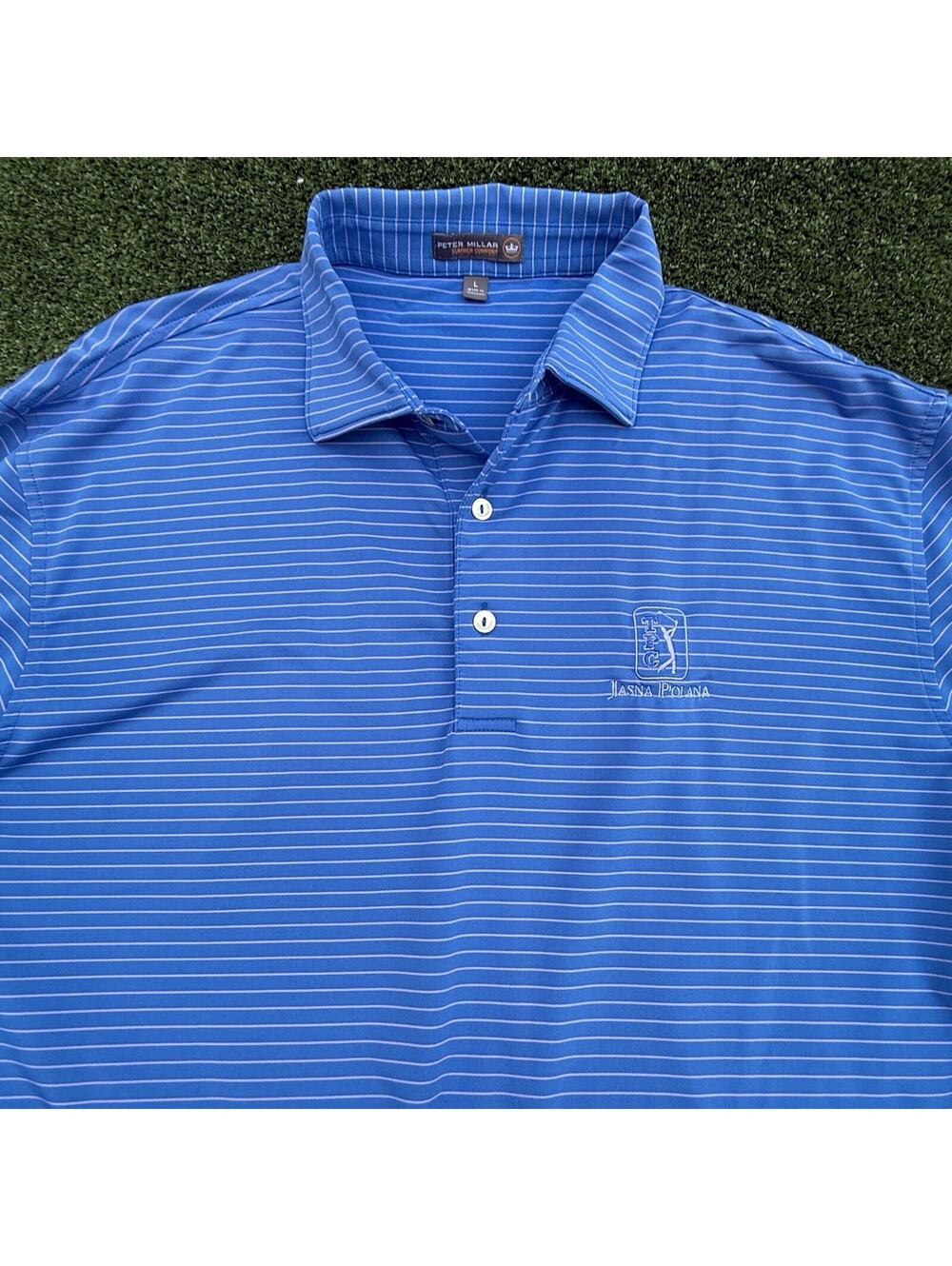 Peter Millar Summer Comfort Polo Mens L TPC Jasna Polana Golf Blue Striped